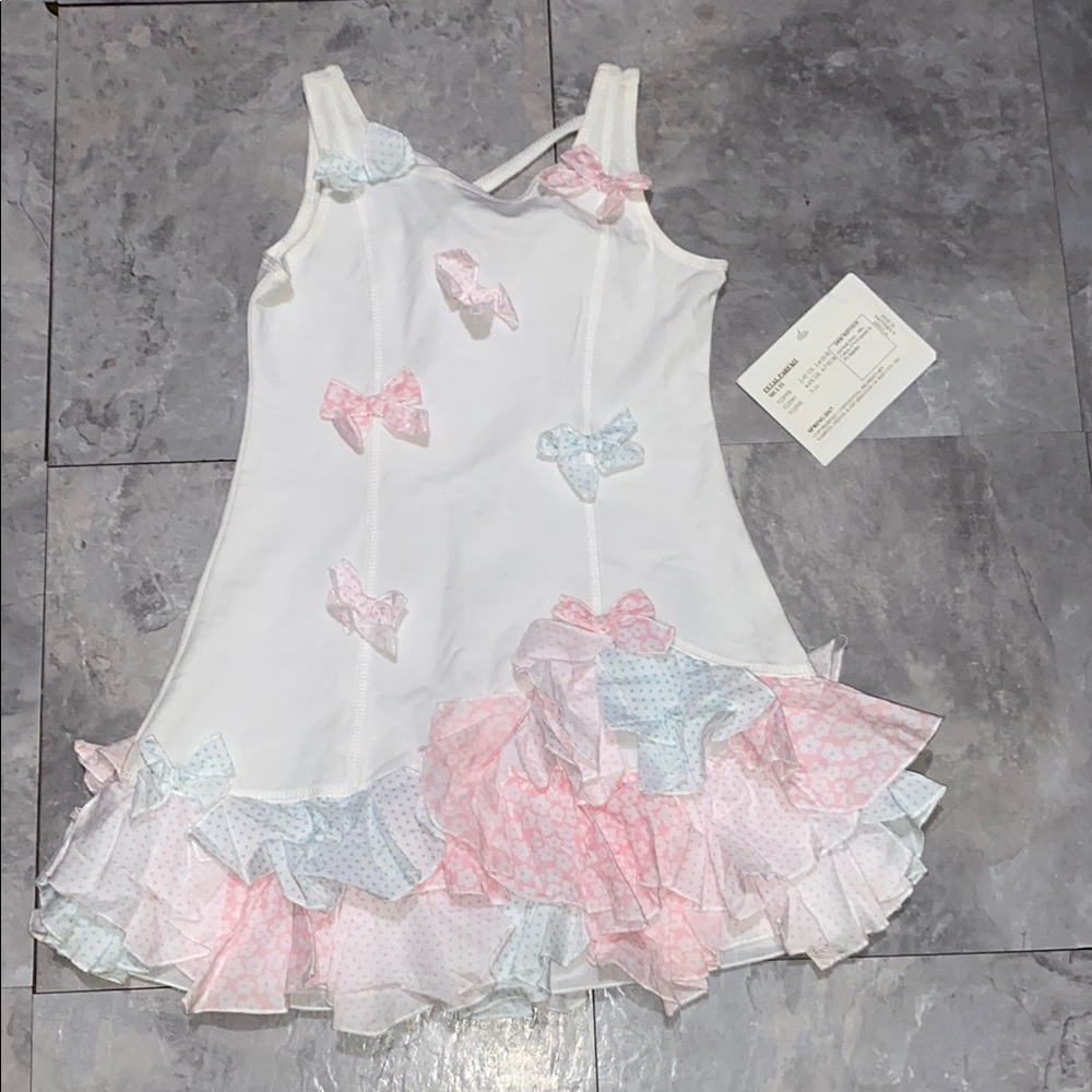 White Dress with Pastel Ruffles and Bows size 5y 5T toddler girl